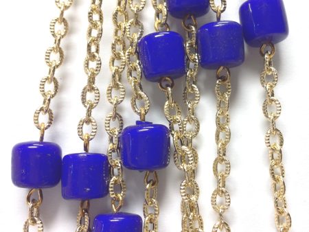 10MM Blue Glass Goldtone Beadchain (~10 Ft) (1 pieces) Online now