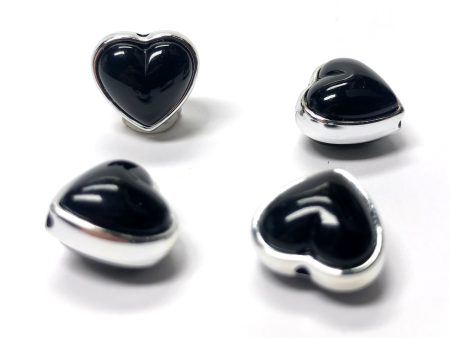 12MM Black Acrylic -Silver Rim Heart Bead (24 pieces) Supply